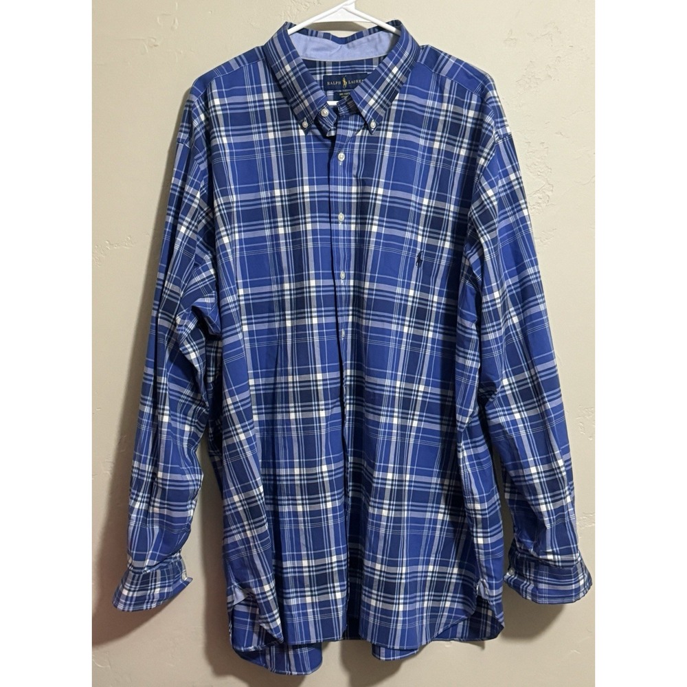 Ralph Lauren Mens Cotton Button Up Shirt 2XB Blue Plaid Stretch Big & Tall